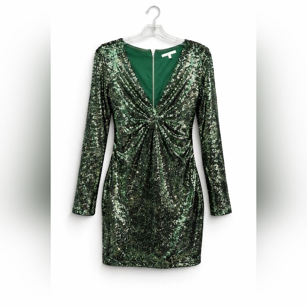 Charlotte Russe Green Sequin Mini Dress Long Sleeve V Neck Party Holiday NYE S